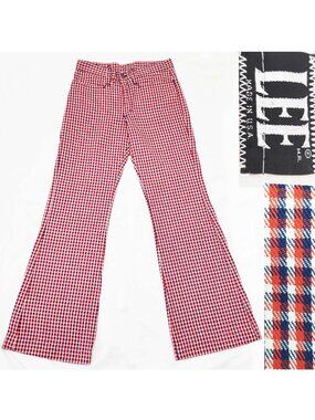 70s LEE Women's Vintage Flared Bell Bottom Jeans Pants Red White Blue Check